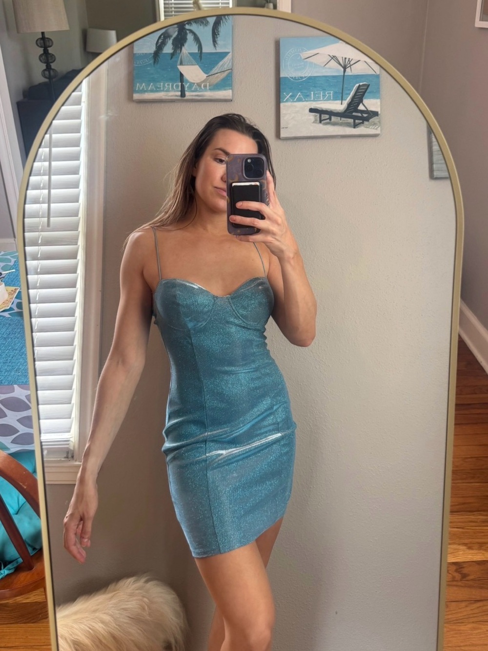 Blue Blush Shimmery Teal Spaghetti-Strap Bodycon Mini Dress